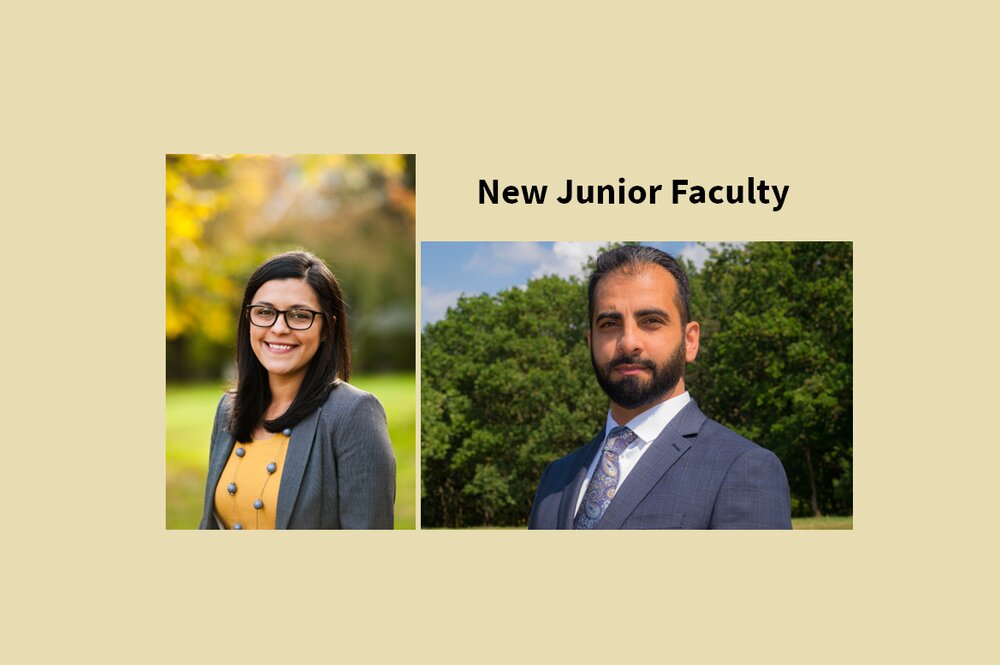 Left image of Dr. Stephanie Mota Thurston and right image of Dr. Mukhtar Ali, both on a light beige background with "new junior faculty" heading